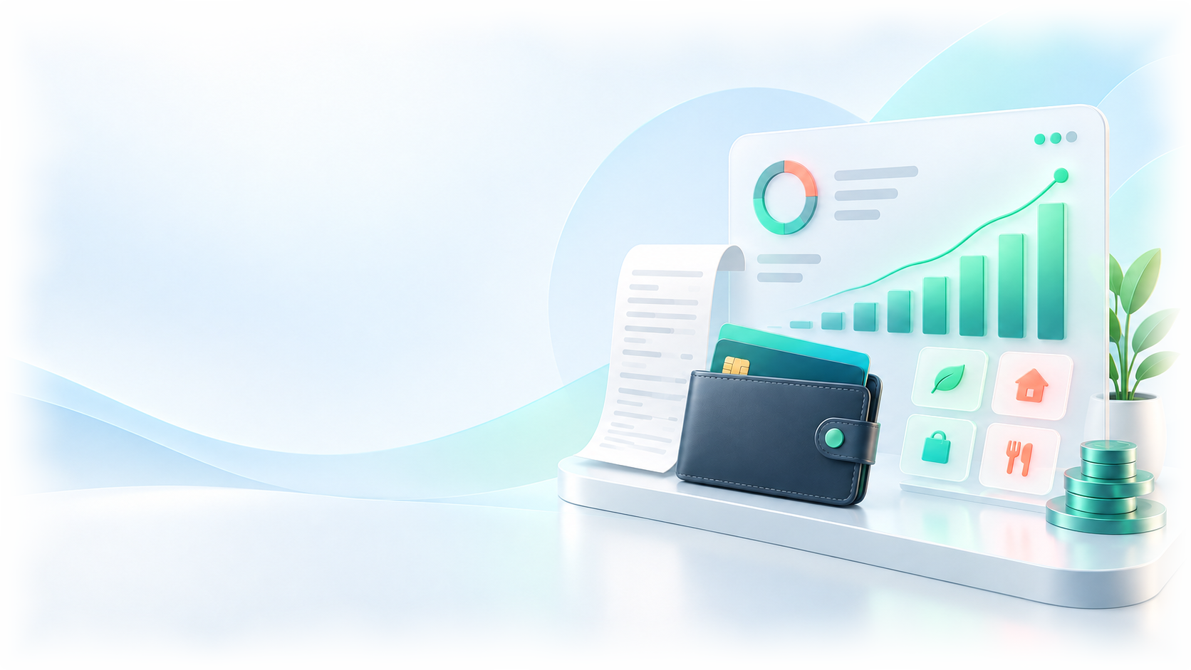 Illustration: finance charts, a receipt and a wallet
